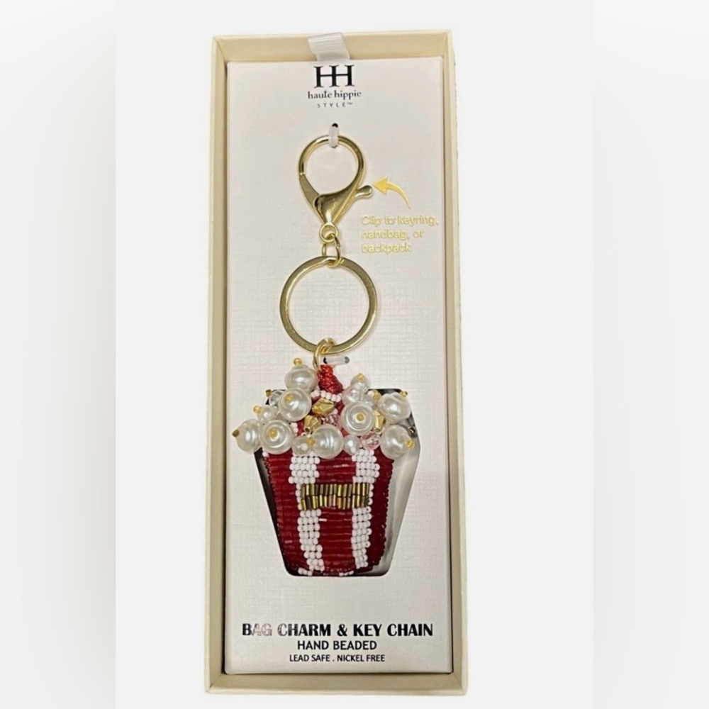 NEW Haute Hippie Popcorn Bucket Purse Charm/Keychain. Hand beaded.